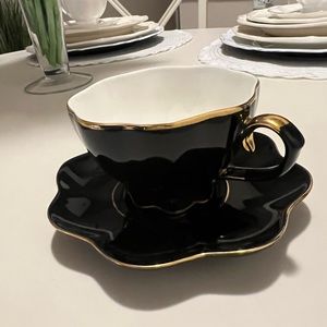 Porcelain Teacup Set of 4 (Blaine 3”H X 6”H) Black and Gold. New!
